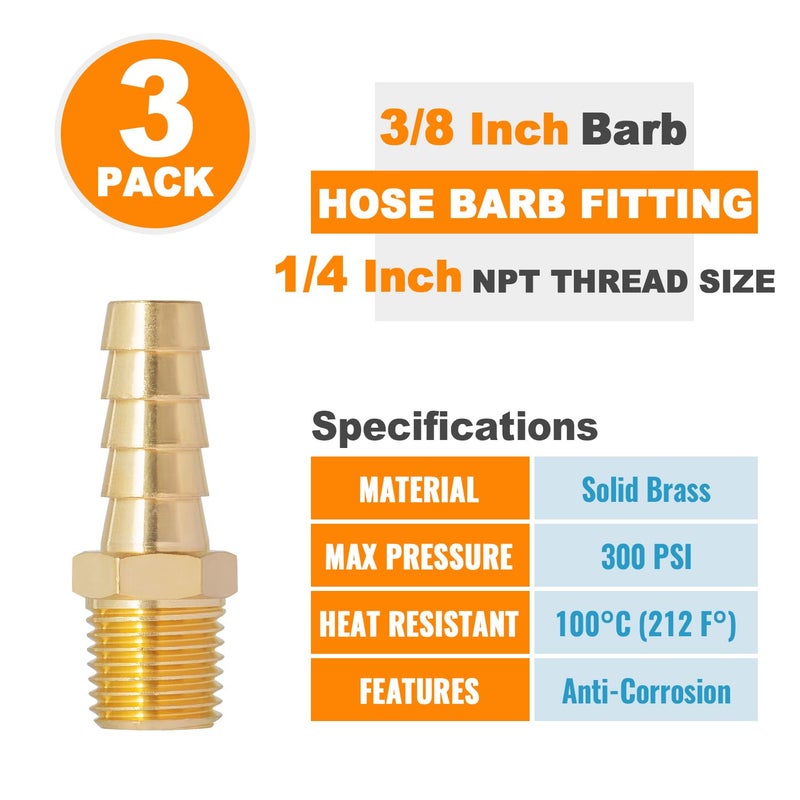 SUNGATOR 3-Pack 3/8 Inch Barb Ã— 1/4 Inch NPT Hose Barb Fittings, Brass Air Hose Pipe Adapter, 3/8" Barb to 1/4" NPT Male Air Line Repair Fittings - Image 4